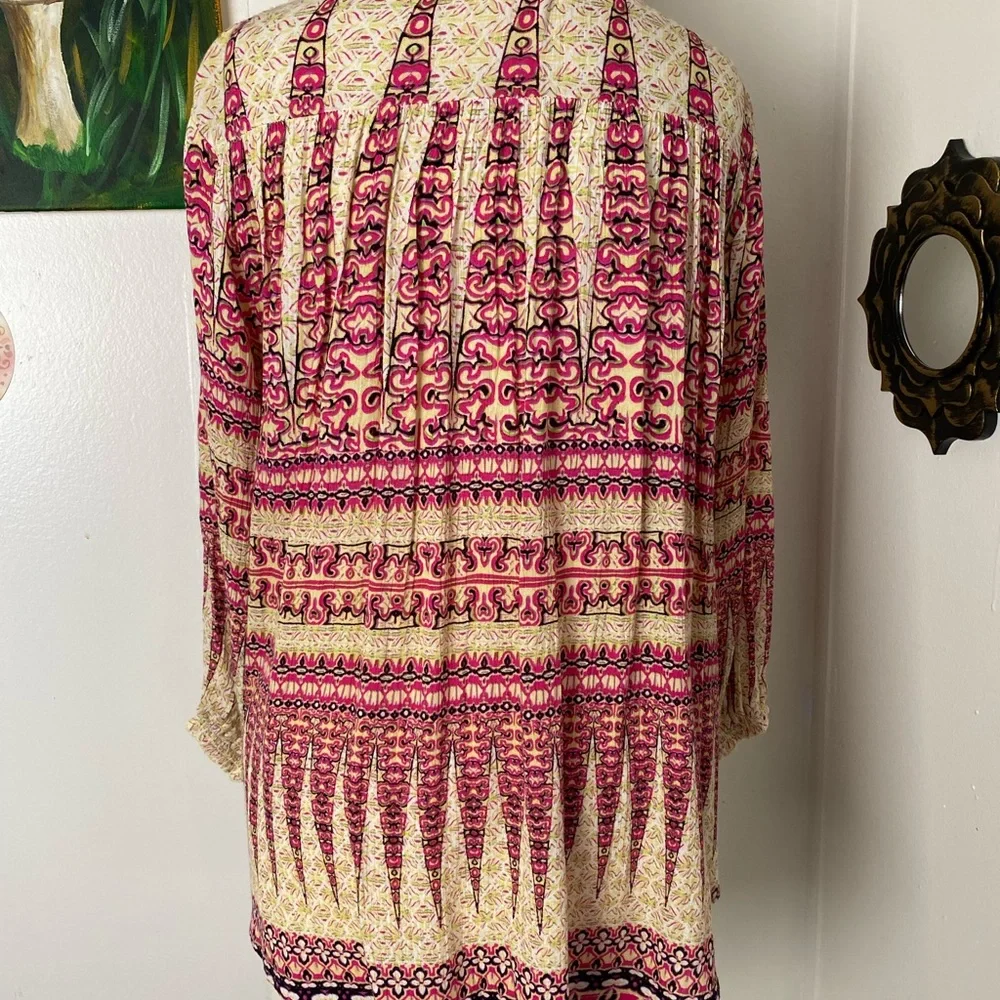 Moon and Sky boho long sleeve v neck crochet lace bib cream print pink top S - Picture 7 of 11